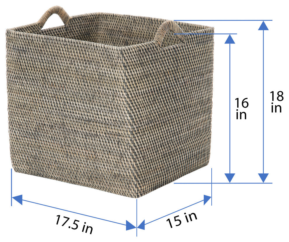 Loma Rectangular Tall Decorative Rattan Storage Basket with Ear Handles, Large, Black Wash