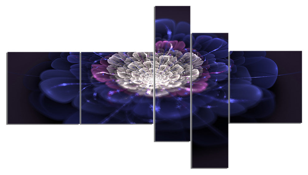 Blue White Fractal Flowers, Floral Art Canvas Print, 60"x32", 5 panels