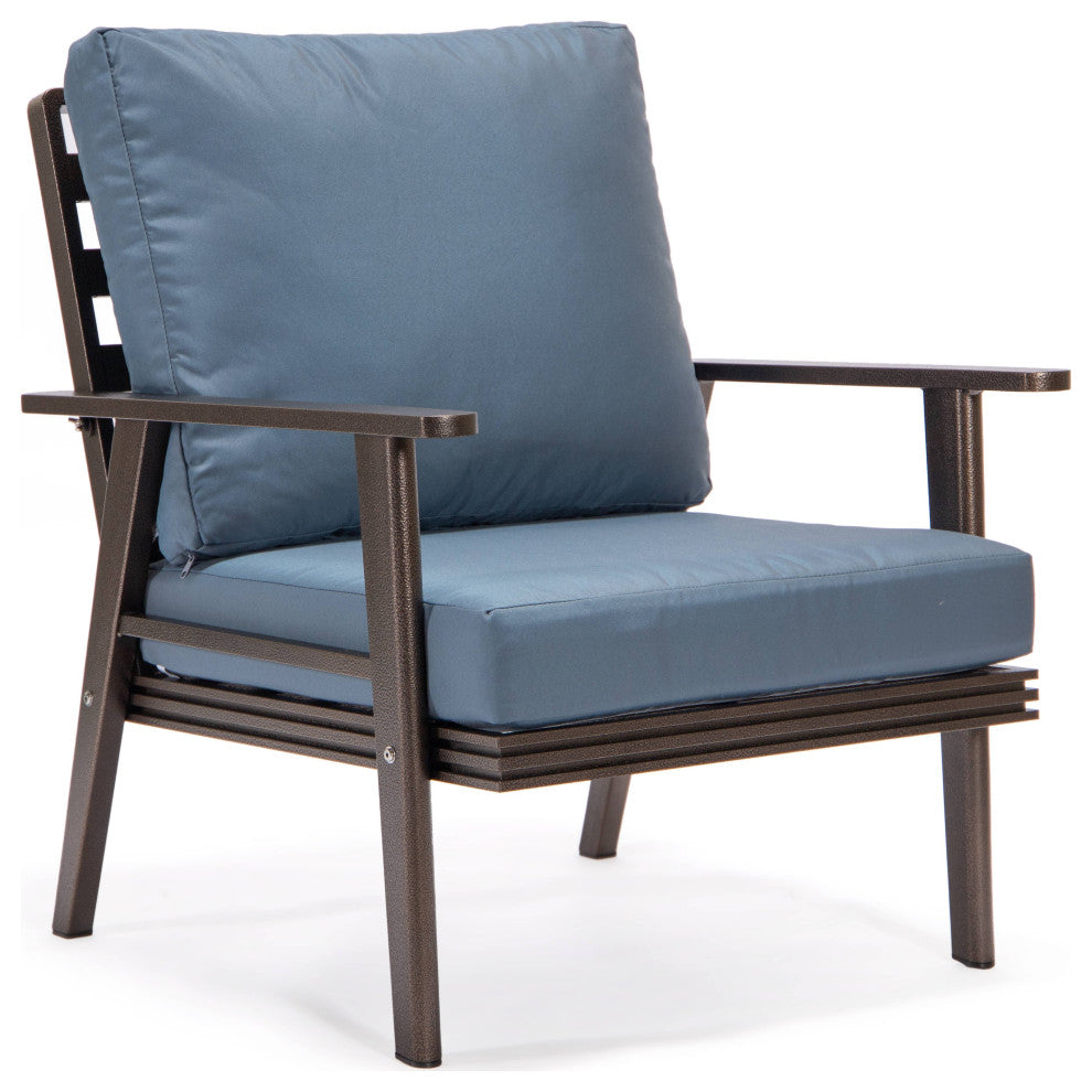 LeisureMod Walbrooke 3-Piece Patio Set With Brown Aluminum Frame and Cushions, Navy Blue