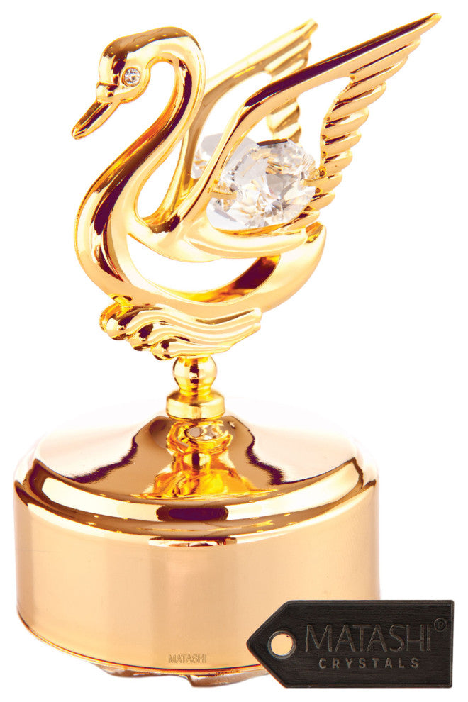 24K Gold Plated Music Box w Swan Figurine