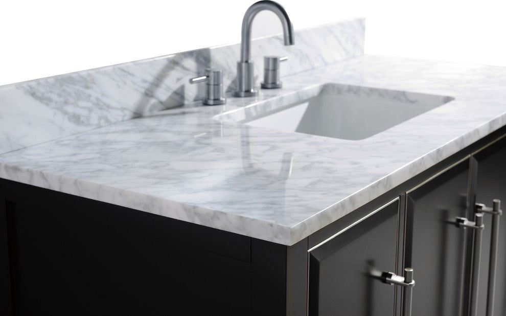 Mason 49" Vanity Combo, Black, Brushed Silver / Natural 1" Carrara White Marble Countertop and Backsplash