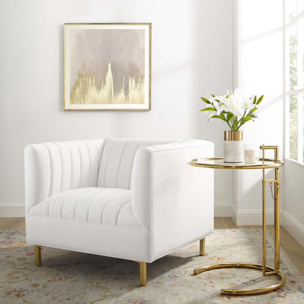 Tufted Armchair Accent Chair, Velvet, White, Modern, Living Lounge Hospitality