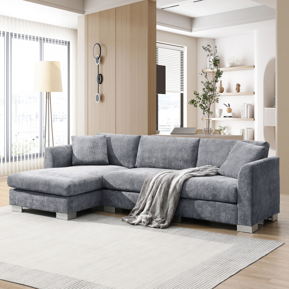 Alice Modern L-Shaped Cloud Chenille Sectional Chaise Sofa With 2 Pillows, Gray