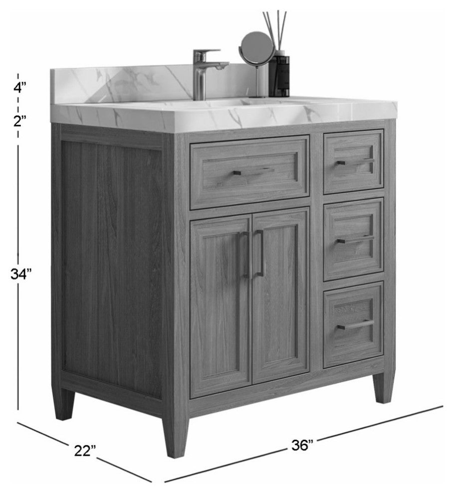 Santa Monica 36 Center Sink Bath Vanity in Whitewashed Teak 2" Calacatta Laza