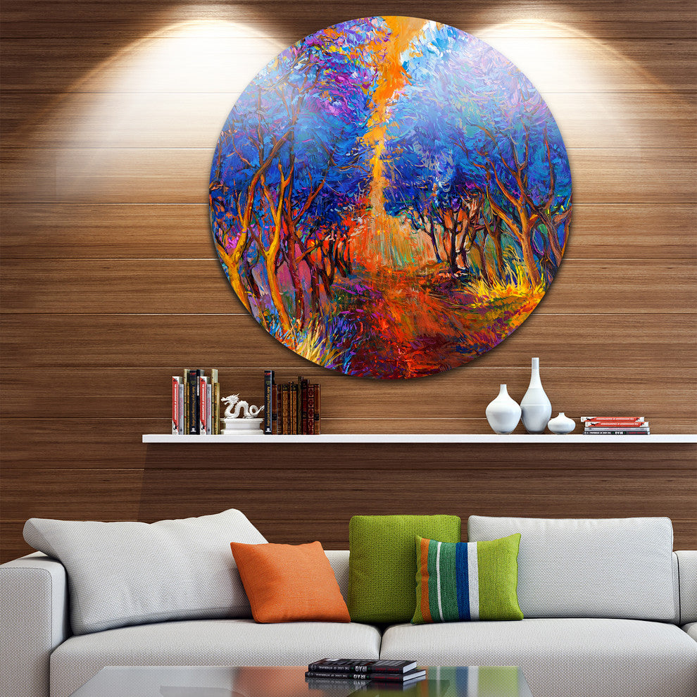 Blue Autumn Forest, Landscape Round Metal Wall Art, 36"