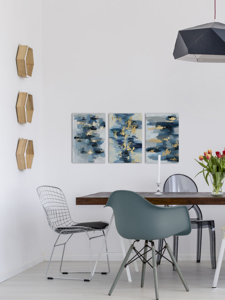 Gold Water Reflection Triptych, 24"x12"