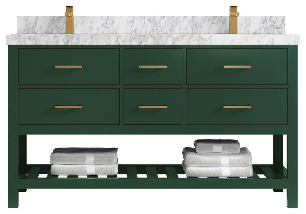 Parker 60 Double Sink Bathroom Vanity in Lafayette Green  2" Carrara Marble