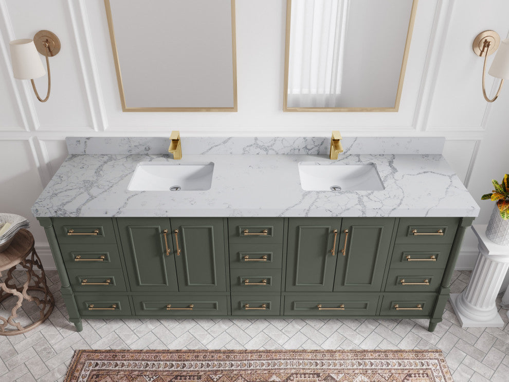 Aberdeen 84 Double Sink Bath Vanity in Pewter Green 2" Venatino Quartz