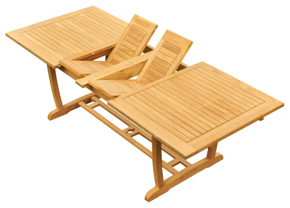 9-Piece Outdoor Teak Dining: 94" Masc Rectangle Table, 8 Lagos Armless Chairs