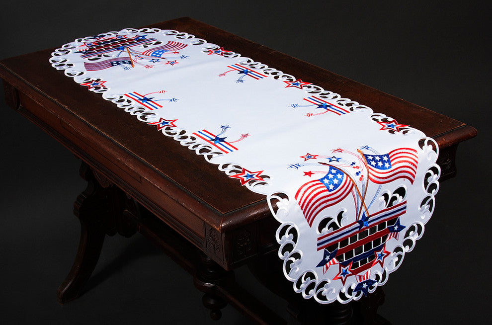 Star Spangled Embroidered Cutwork Table Runner, White, 15"x53"