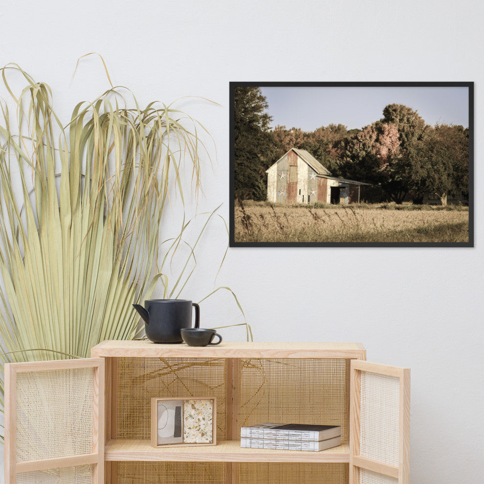 Patriotic Barn in Field Aged Effect Framed Photo Paper Wall Art Prints, Black, 24" X 36"
