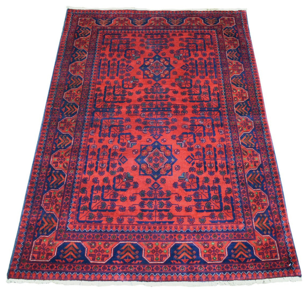 Deep and Saturated Red, Pure Wool Hand Knotted, Afghan Khamyab Rug, 3'4"x4'8"