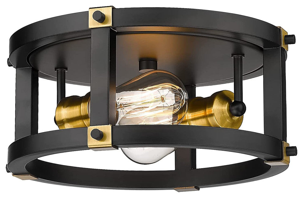 2 Light Industrial Close to Ceiling Light Fixture, Black Metal Frame