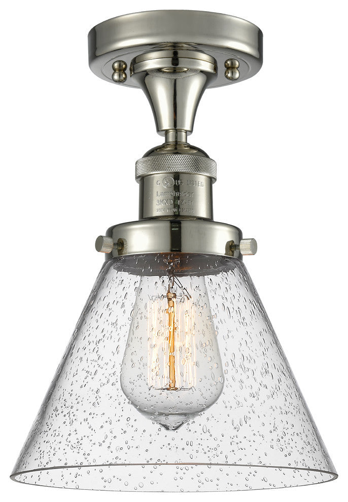 1-Light Large Cone 8" Semi-Flush Mount, Polished Nickel, Glass: Seedy