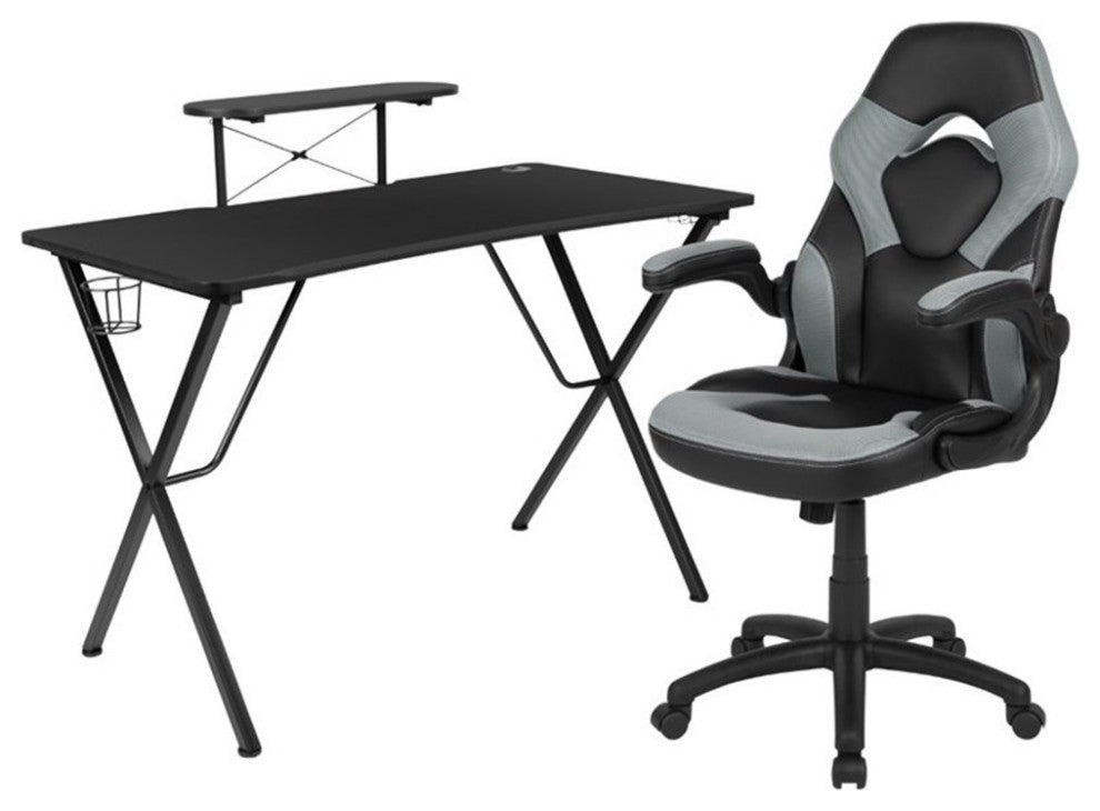 Gaming Desk and Racing Chair Set w/Cup Holder, Hook, & Monitor/Smartphone Stand,