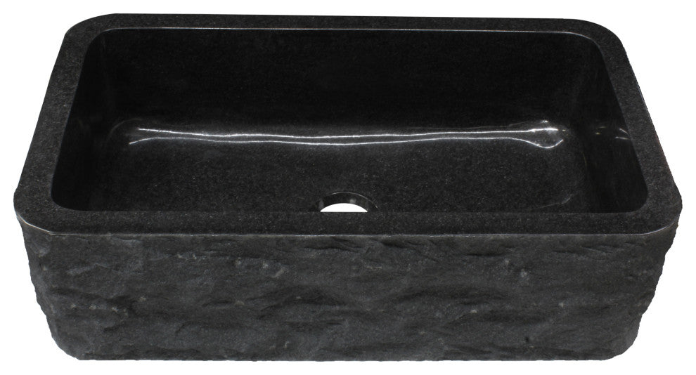 Single Bowl Kitchen Sink, Black Granite With Natural Chiseled Apron