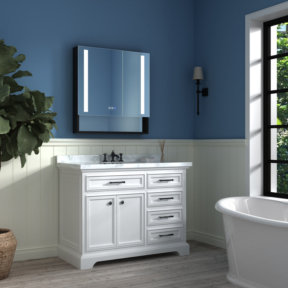 Aluminum Surface/Recessed Mount Medicine Cabinet with Mirror, Outlet and Lights