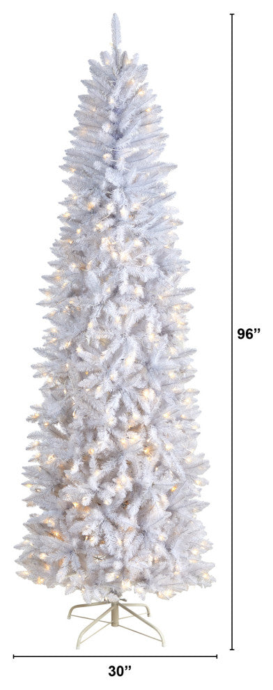 8' Slim White Faux Xmas Tree W/400 Warm White Lights & 1348 Bendable Branches