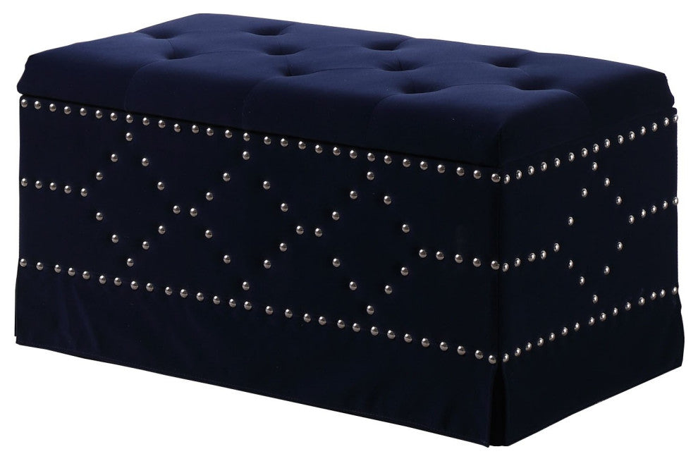 Deep Blue Velvet Nailhead Storage Bench With Ottomans