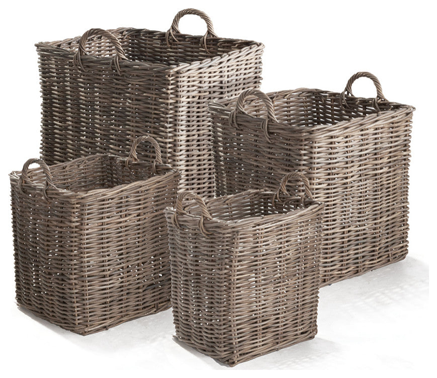 Set of 4 Large Rattan Cane Storage Baskets Square with Handles Laundry Wicker