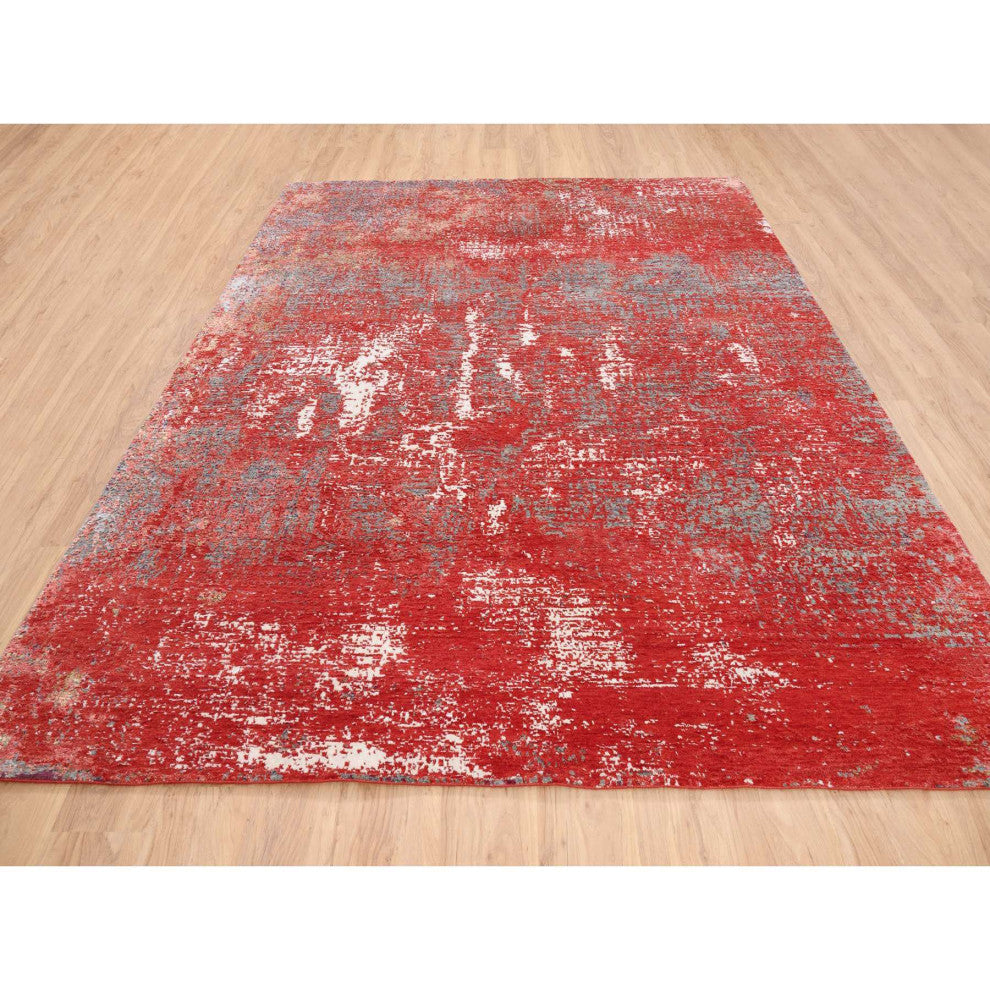 Red, Modern Design, Nepale Weave, Wool and Silk, Hand Knotted, Rug, 8'0" x 10'0"