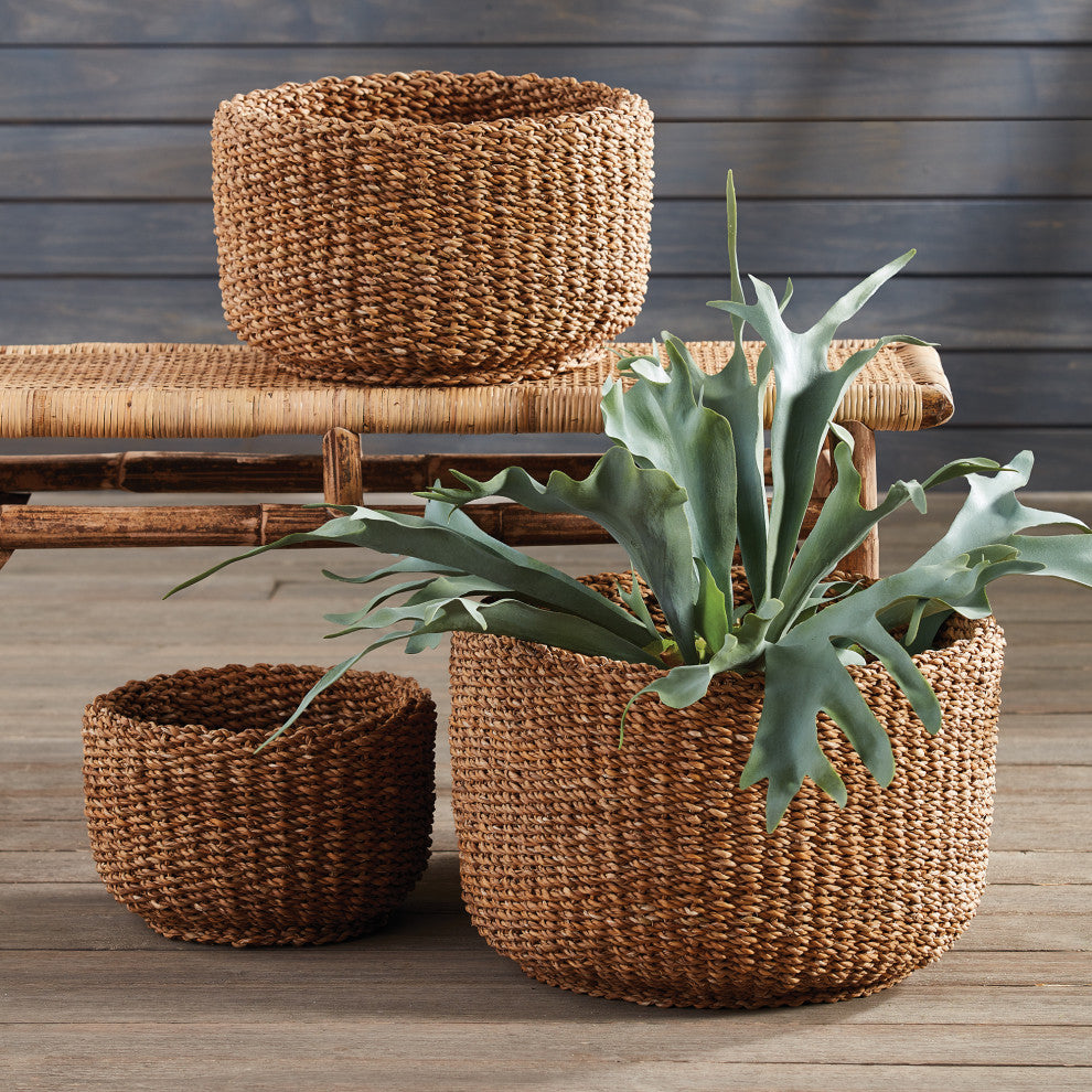 Set of 3 Woven Sea Grass Storage Baskets Cylinder 18 15 12 in Natural Spa Towel