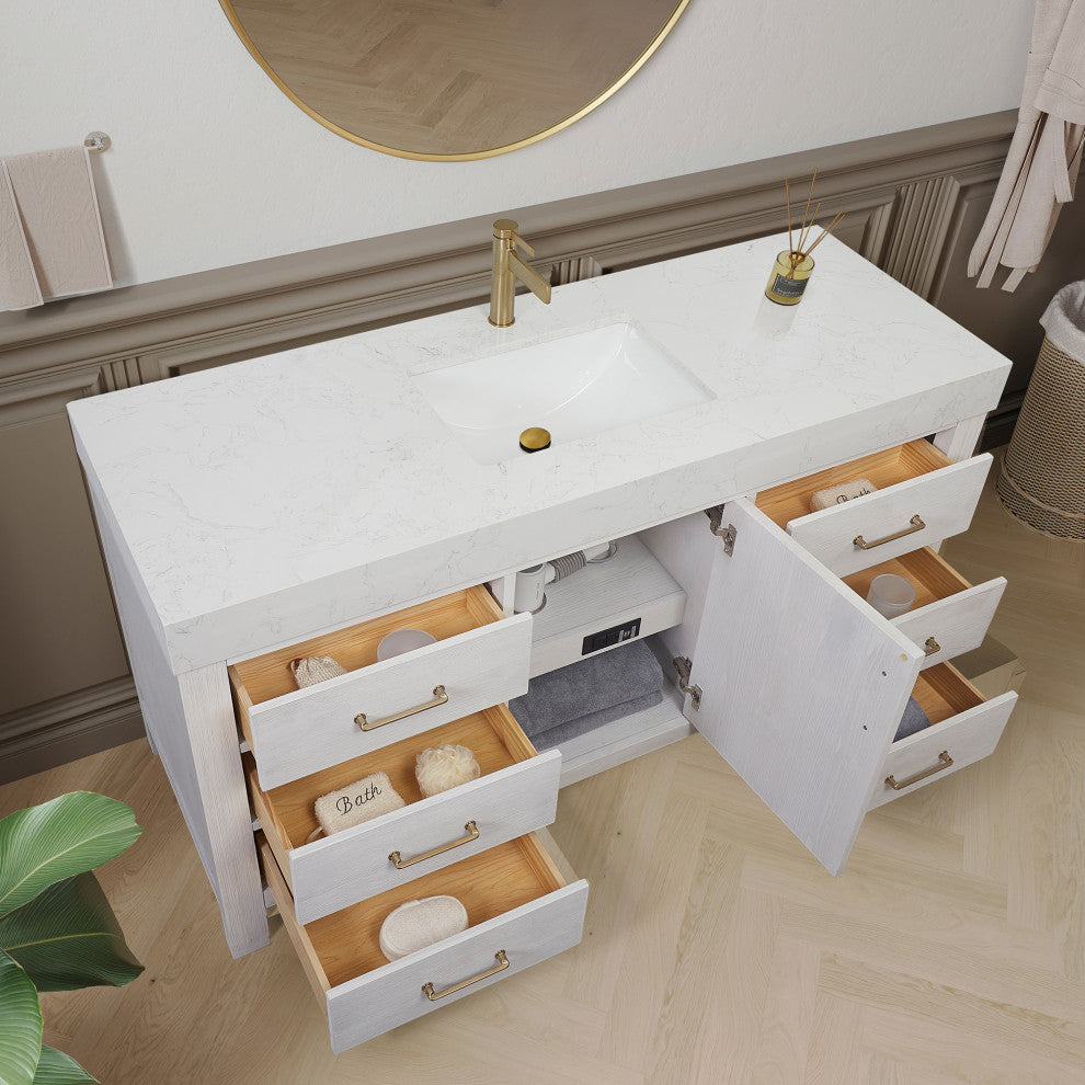 Leon Bath Vanity With Composite Stone Top, Washed White, 60"single Sink, No Mirror