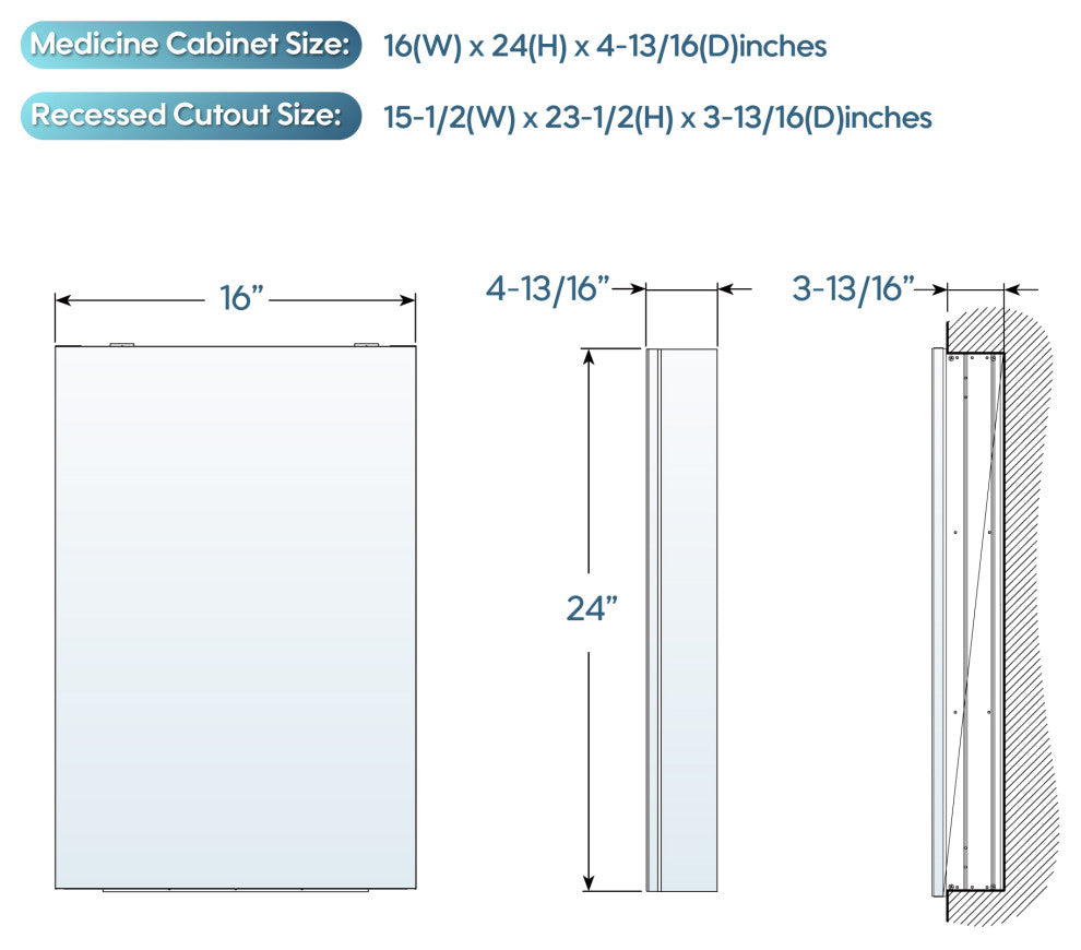 Recessed/Surface Mount Bathroom Medicine Cabinet, Soft-Close Blum Hinges, Left Swing, 16"x24"