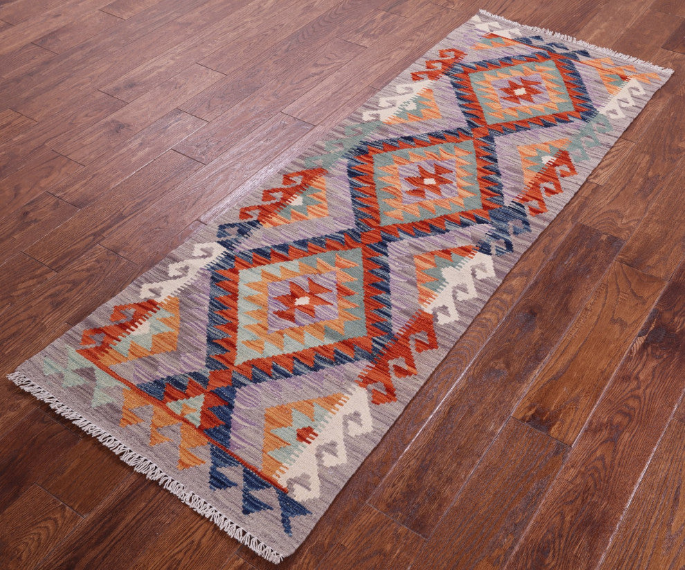 2' 2" X 6' 3" Runner Reversible Kilim Flat Weave Wool Rug - Q12566