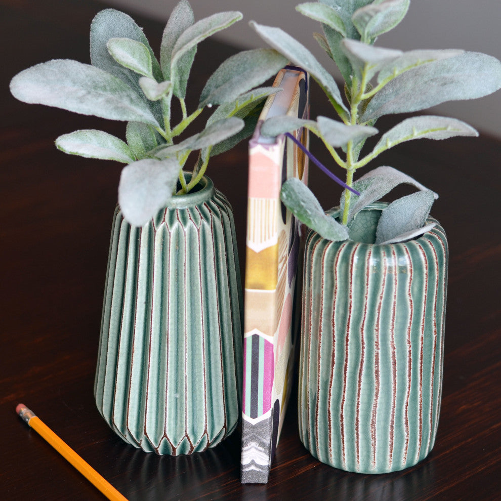 2 Piece Pastel Green Stoneware Table Vase Set