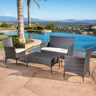 GDF Studio 4-Piece Olivera Outdoor Multi-Brown Wicker Chat With Cushions Set