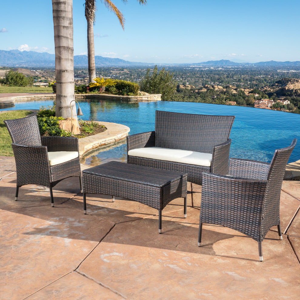 GDF Studio 4-Piece Olivera Outdoor Multi-Brown Wicker Chat With Cushions Set