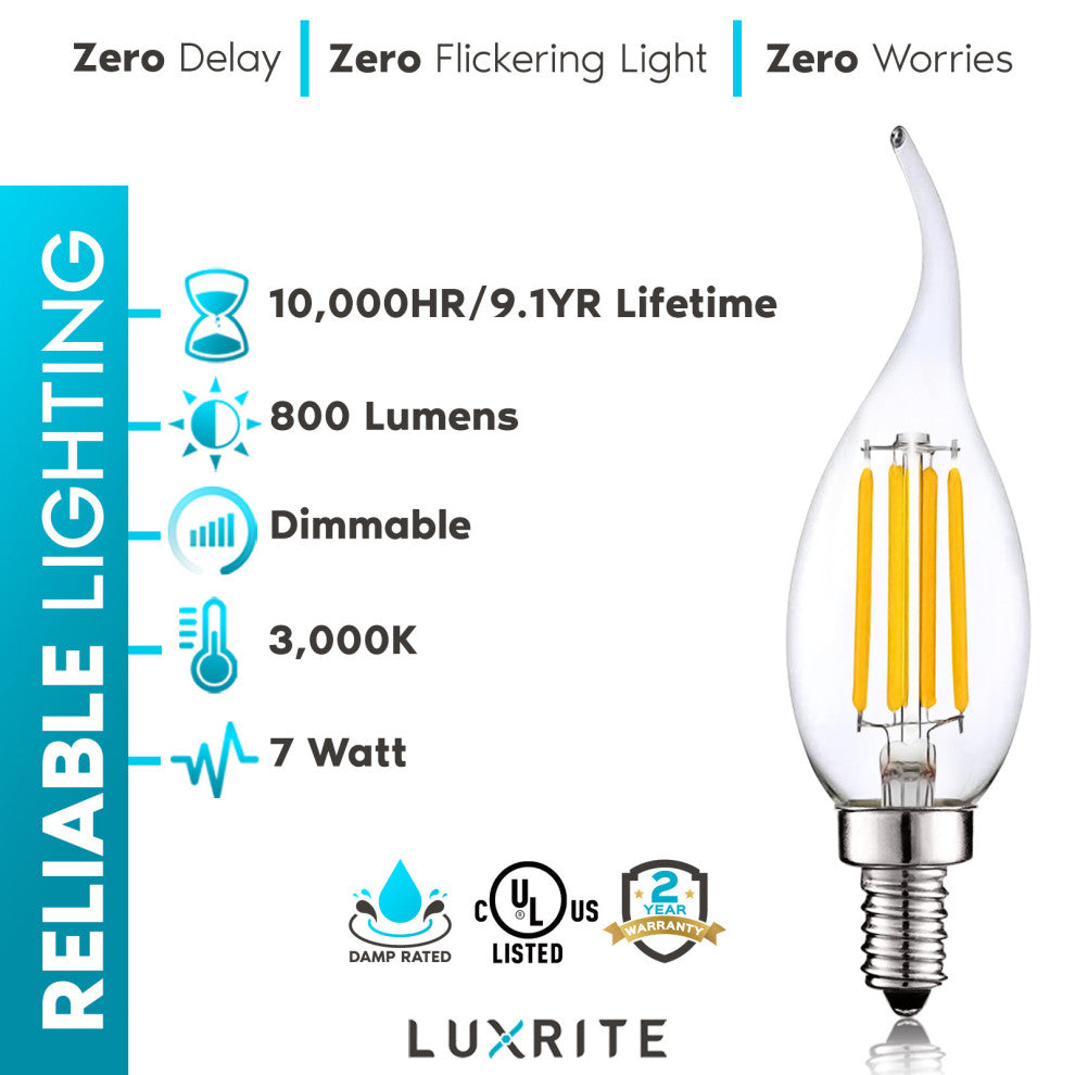 Luxrite 100W Candelabra LED Light Bulbs CA11 3000K 800LM E12 12-Pack