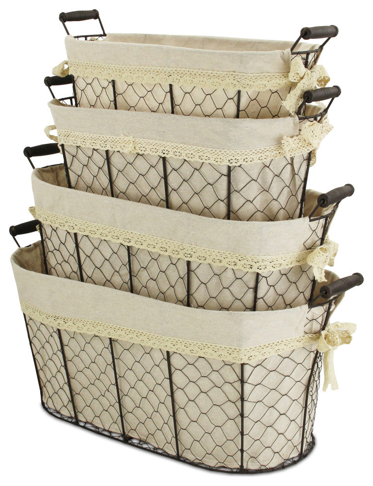 Lined Oval Wire Baskets, Set of 4