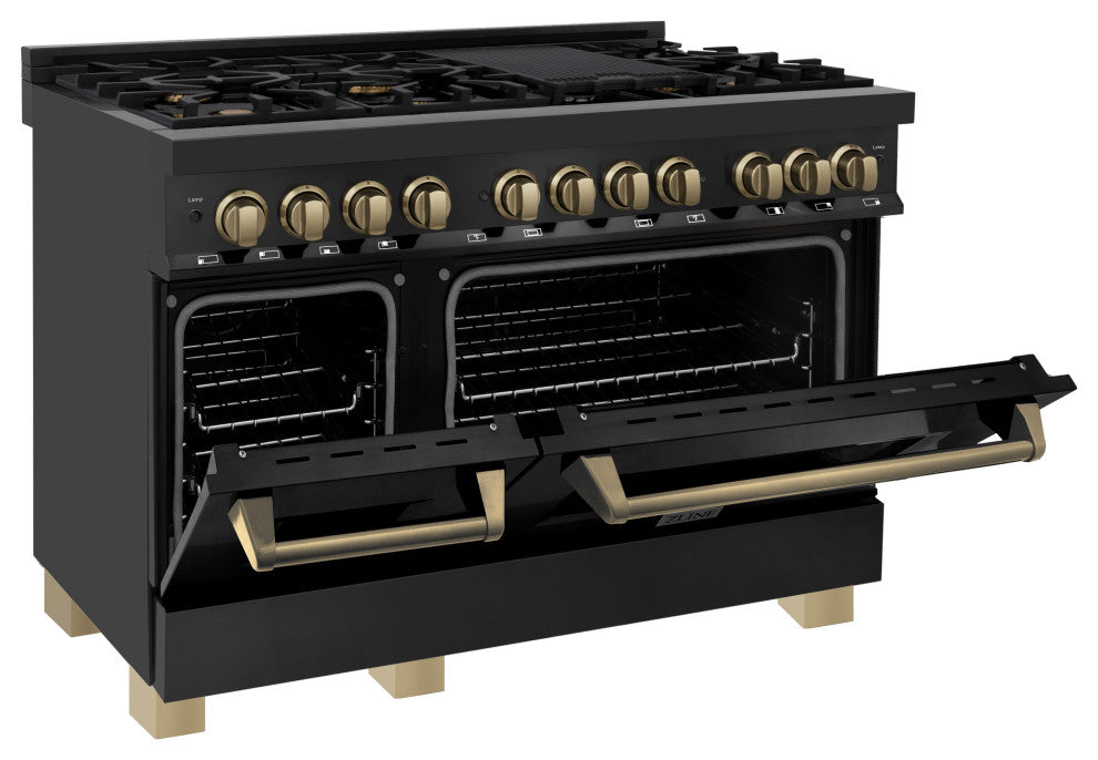 ZLINE 48" Dual Fuel Range, Black Stainless With Champagne Bronze RABZ-48-CB