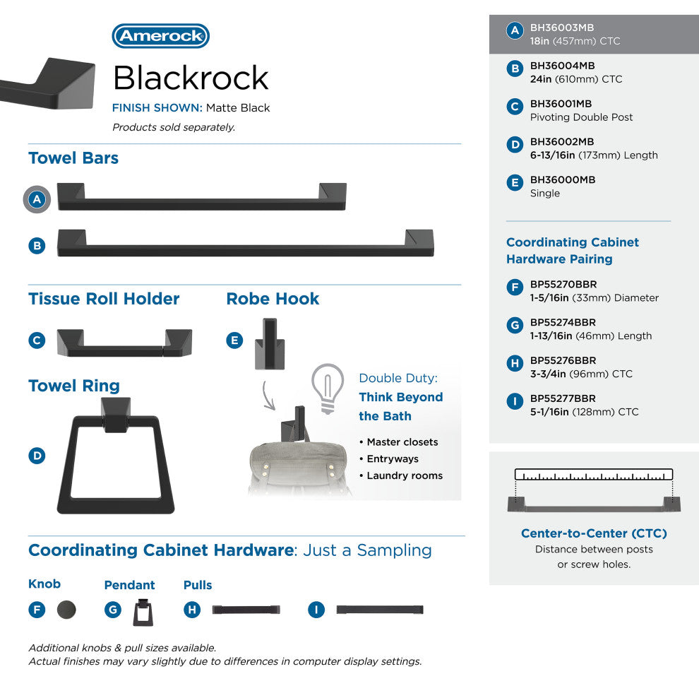 Amerock Blackrock Contemporary Towel Bar, Matte Black, 18" Center-to-Center