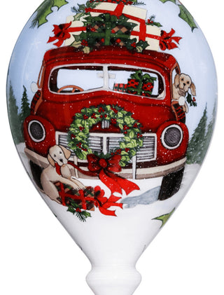 Puppy and Red Truck Christmas Wreath Hand Painted Mouth Blown Glass Ornament