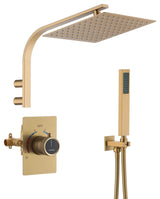 10inch Wall Mounted Rain Shower System With Handheld & Unique Shower Arm, Brushed Gold