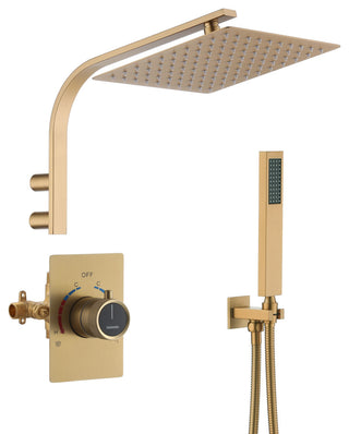 10inch Wall Mounted Rain Shower System With Handheld & Unique Shower Arm, Brushed Gold