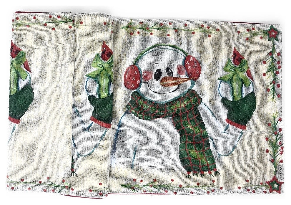 Magical Snowman Table Runner, Festive Holiday White Tapestry, 13" X 90"