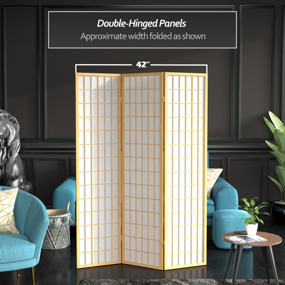 6' Tall Window Pane Shoji Screen, Natural, 3 Panels