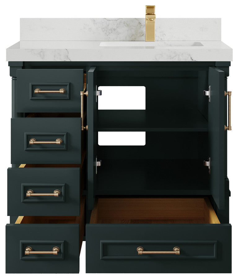 Aberdeen 36 Right Offset Bath Vanity in Dark Forest Green 2" Calacatta Nuvo
