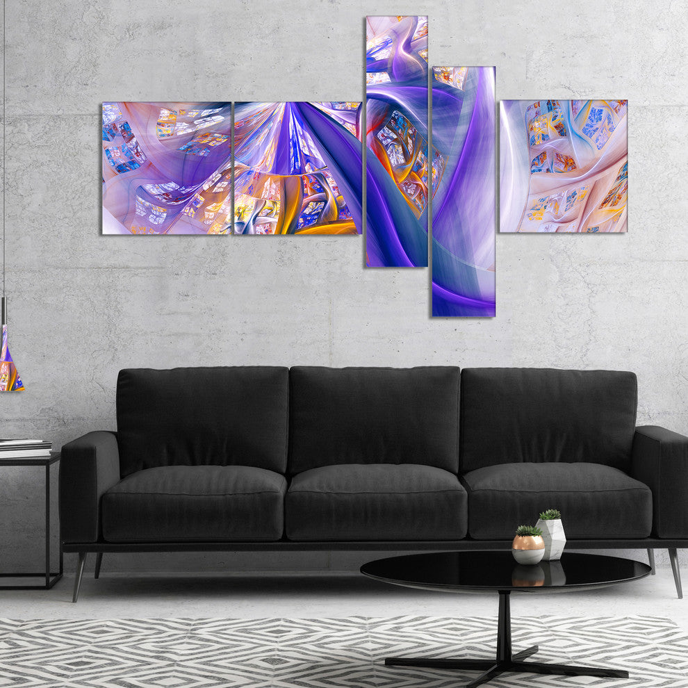 Purple Yellow Fractal Curves, Abstract Wall Art, 60"x32", 5 panels