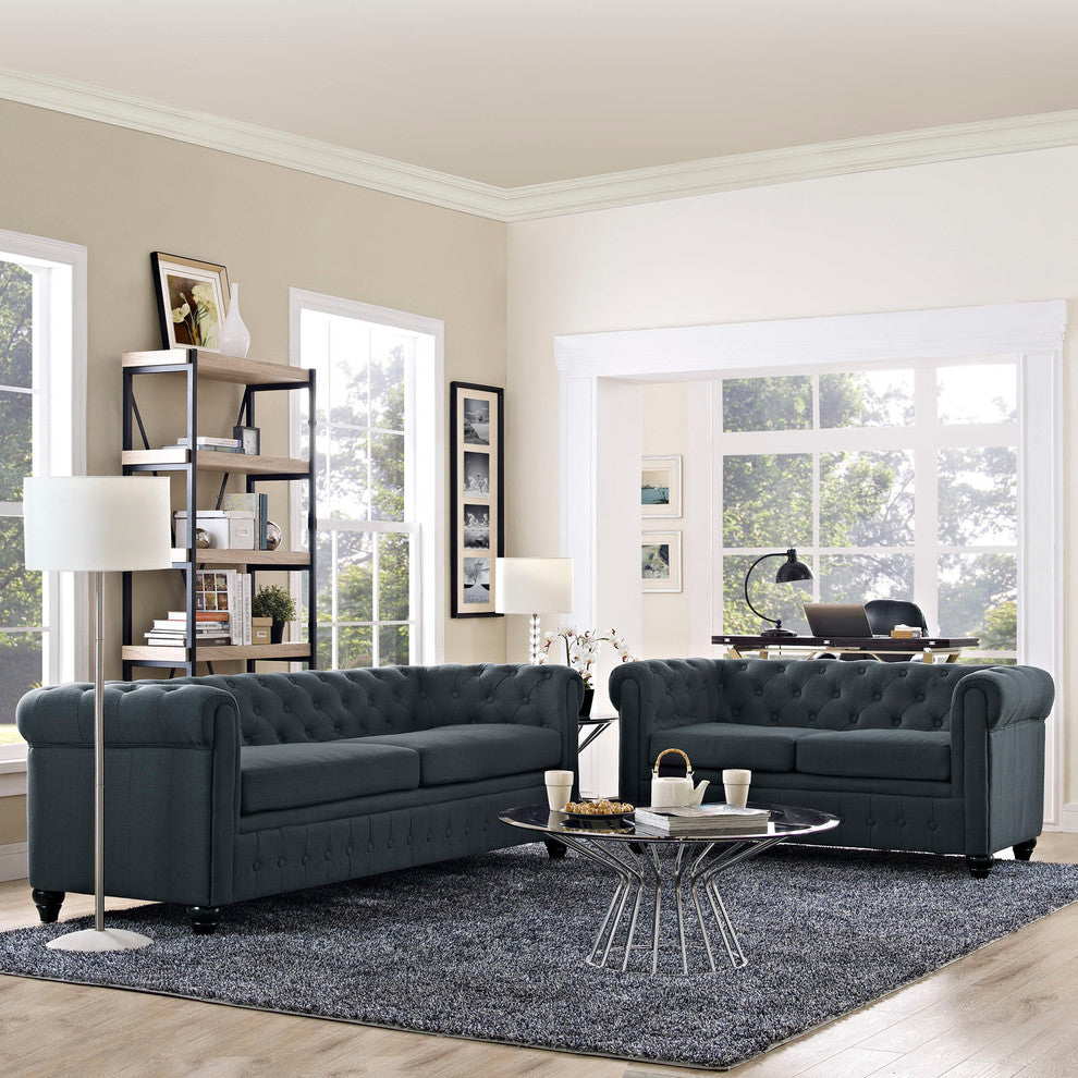 Modern Contemporary Fabric Living Room 2-Piece Set, Gray, Fabric