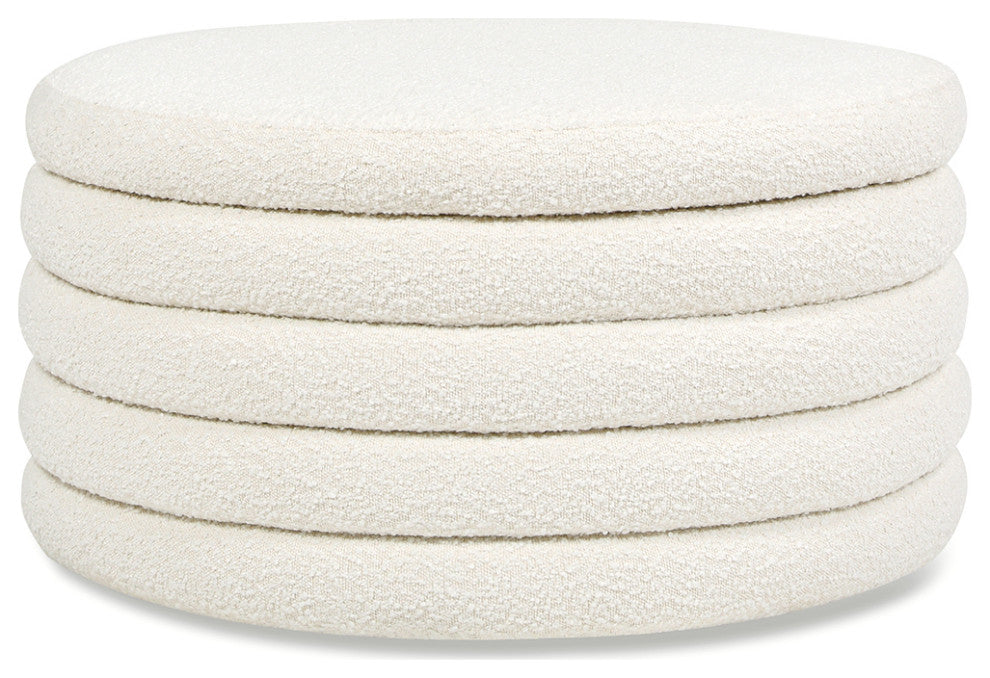 Fuji 36" Round Upholstered Storage Cocktail Ottoman, Ivory White Boucle