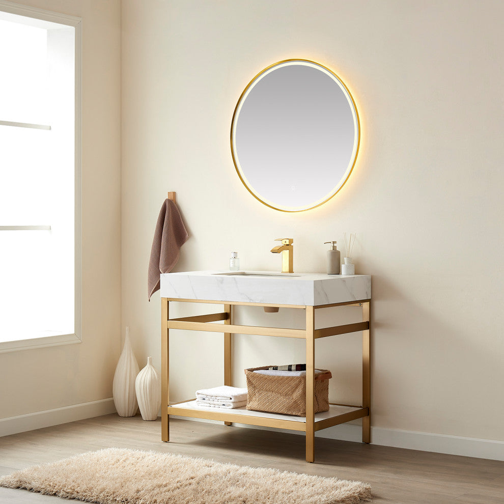 Funes Bath Vanity with Mirror, Brushed Gold Support, 36'', White Stone Top