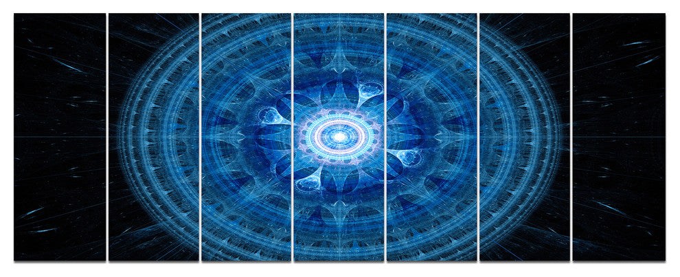 Bright Blue Fractal Sphere, Abstract Wall Art Canvas, 83"x32", 7 Panels