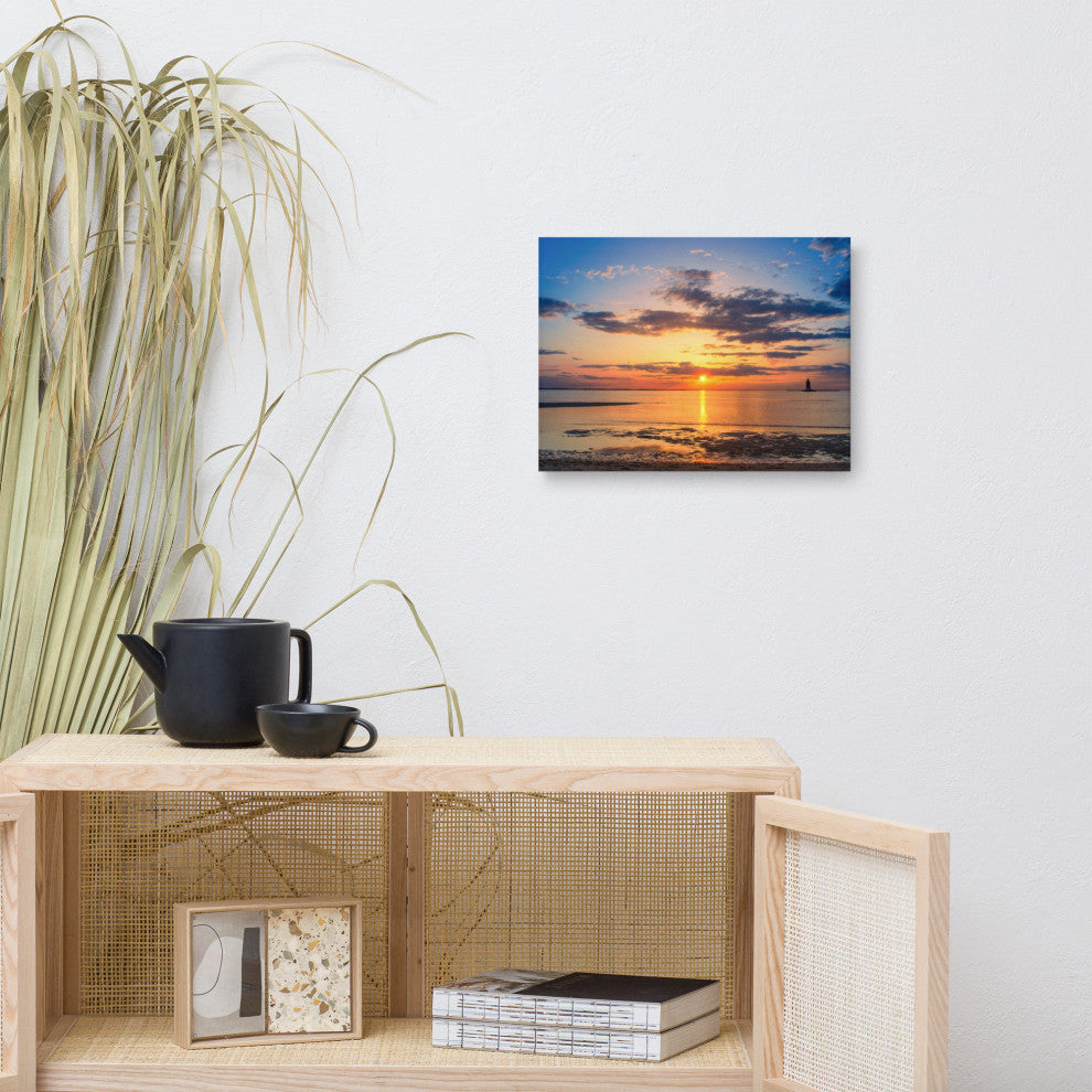 Sunset at Breakwater Lighthouse Coastal Landscape Photo Canvas Print, 12" X 16"