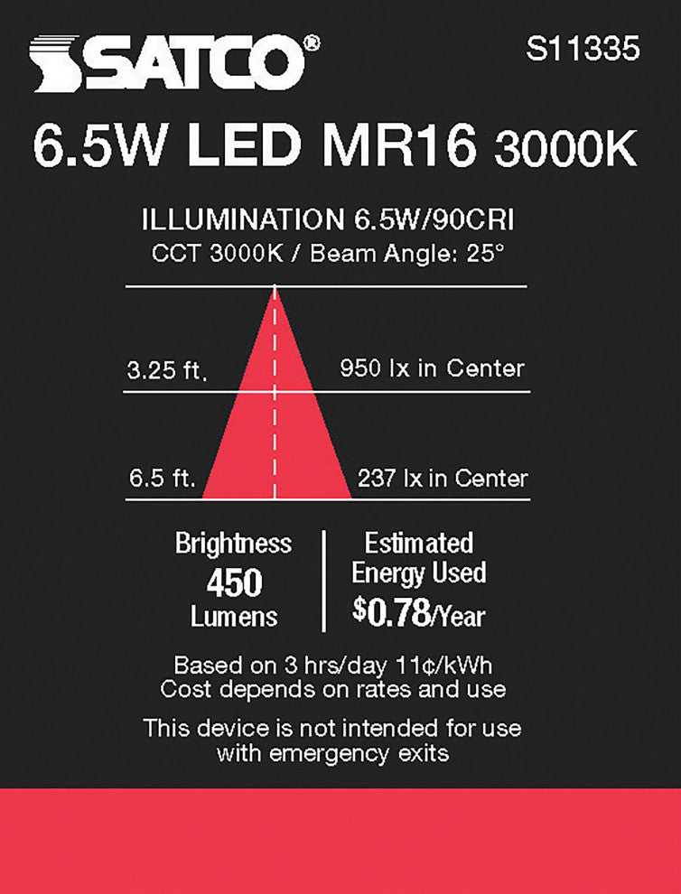 6.5W, MR16 LED, 3000K, GU5.3 Base, 25 deg. Beam Angle, 12V