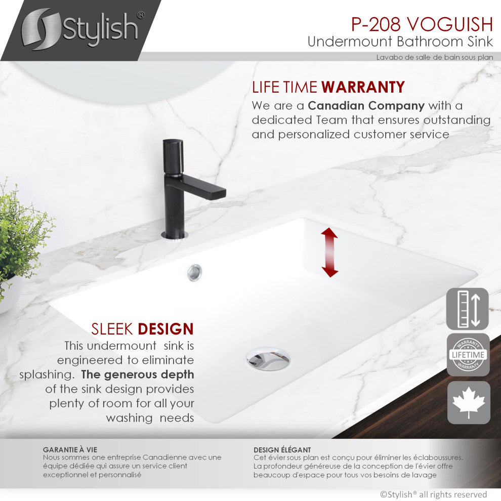 STYLISH 24" Rectangular Undermount Ceramic Bathroom Sink With 2 Overflow Finishe